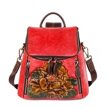 Cowhide Embossed Ruack Female 3 Use Daypack Travel Shoulder Bag Flower Pattern R - £98.80 GBP