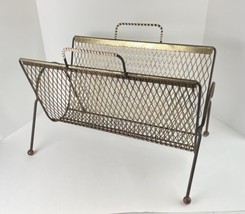 Vintage Brass Mesh Metal Wire Magazine Record Rack Mid Century Modern Stand - £18.39 GBP