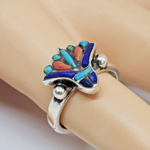 925 Sterling Silver - Southwestern Turquoise Lapis Lazuli Coral Ring Size 7.25 - $69.95