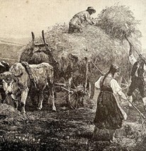 Harvest Time On The Farm Hay And Oxen 1888 Victorian Antique Print DWT4C - £27.64 GBP