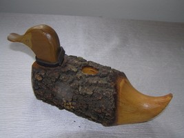 Vintage Carved Wood Bark Covered Wooden Duck Candle Holder with Brown Le... - $13.99