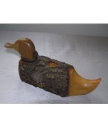 Vintage Carved Wood Bark Covered Wooden Duck Candle Holder with Brown Le... - £10.51 GBP