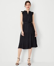 Ann Taylor Black Sleeveless Ruffle Tiered Sz S Belted Flare Dress V-neck Lined - £54.49 GBP