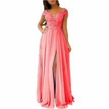 Illusion Top Front Slit Off The Shoulder Sexy Long Prom Dresses Coral Pink US 10 - £93.15 GBP