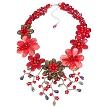 Gorgeous Red Flower Garden Mixed Seashell and Red Coral Statement Necklace - £56.33 GBP