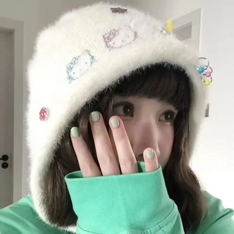 Sanrio Colorful Rhinestones Hello Kitty Plush Keep Warm Hat Cute Girl Heart - £12.68 GBP