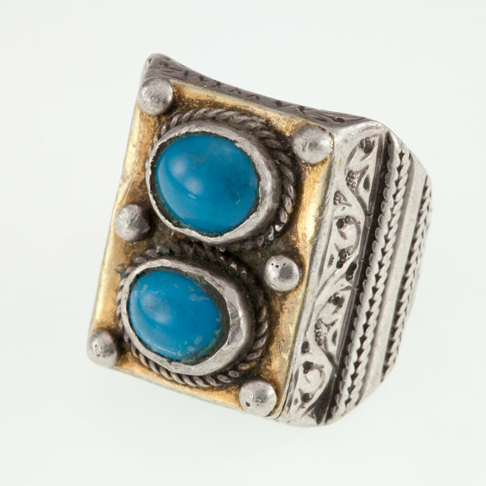 Primary image for Silver and Brass Afghan Vintage Turquoise Cabochon Ring Size 10.5