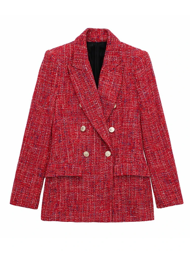 Tangada Women Red Tweed Double Breasted Blazer Coat Vintage Long Sleeve Flap Poc - $211.44