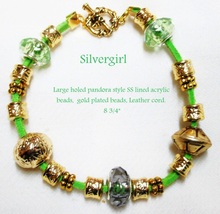 Large Holed SS Lined Bead Gold Plate Leather Bracelet Green - £18.98 GBP