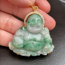 14K Real Yellow Gold Natural Jadeite Jade Happy Laughing Buddha Pendant Mens - £693.60 GBP