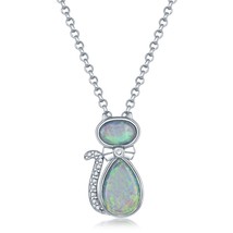 Sterling Silver White Opal and CZ Cat Pendant - £34.27 GBP