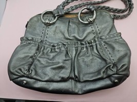 B. Makowsky Soft Leather Metallic Silver Ruched Shoulder Handbag Purse Large - £31.57 GBP