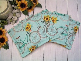 Handmade &quot;PARISIAN BICYCLES&quot; Daisies - 4 Reversible Fabric Coasters / Mug Rugs  - £8.06 GBP