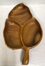 Vintage 3 Section Handled Leaf Shape Monkey Pod Wood Crafted Bowl Dish S... - $24.26