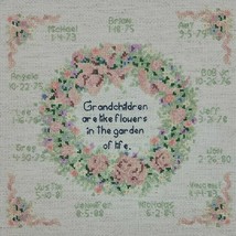 Family Tree Birth Record Embroidery Finished Wreath Grandma Pink Blue Fl... - $13.95