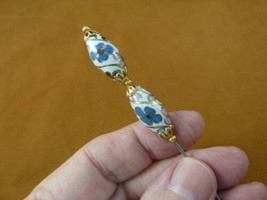 (U-402L) white CLOISONNE beads pink blue flower 2 bead brass hatpin hat pin - £12.79 GBP