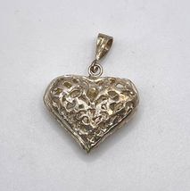 Sterling Silver 925 Filigree Puff Heart Necklace Pendant - SU Marked 1&quot; - £39.10 GBP