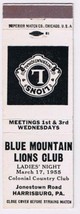Matchbook Cover White Blue Mountain Lions Club Harrisburg Pennsylvania - £1.54 GBP