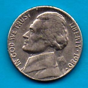 1980 Jefferson Nickel - Light Wear About XF - $0.05