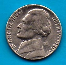 1980 Jefferson Nickel - Light Wear About XF - $0.05