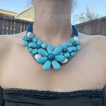 Handmade Turquoise &amp; Hematite 20&quot; Beads Floral Bib Choker Necklace - £88.83 GBP