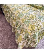 Retro 70s Green Floral Twin Bedspread Quilted Blanket Ruffled Vintage - $65.00