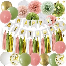 Sage Green And Retro Pink Happy Birthday Party Decorations White Rose Avocado Ol - £22.77 GBP