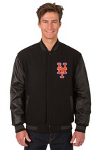 MLB New York Mets Wool Leather Reversible Jacket Front Patch Logos Black JHD - £172.59 GBP