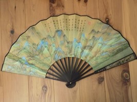 Japanese Art Print Silk Hand Folding Fan A Thousand Miles Of Rivers &amp; Mo... - $34.65
