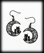 Black Moon Earrings ~ Cat Crescent Moon ~ Black Filigree ~ Alloy Dangle Earrings - £11.99 GBP