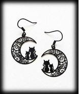 Black Moon Earrings ~ Cat Crescent Moon ~ Black Filigree ~ Alloy Dangle ... - £11.76 GBP