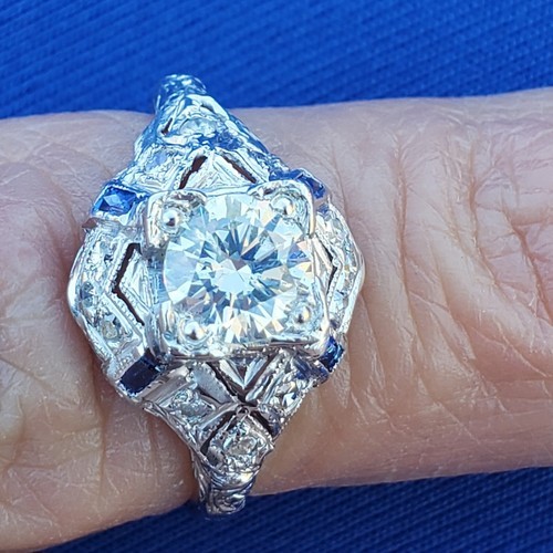 Earth mined Diamond Sapphire Deco Engagement Ring 1ct Vintage Platinum Statement Item image 15