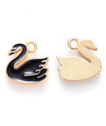 2 Black Swan Charms Gold Enamel Duck Pendants Jewelry Making Supplies 14mm - £2.94 GBP