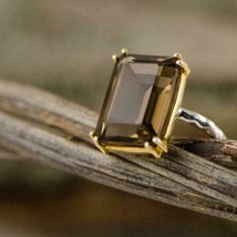 925 Sterling Silver Handmade Gold Plated Rectangle 6.25 Carat Smoky Quartz Ring - £51.73 GBP