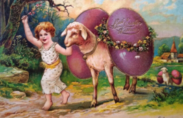 Easter Postcard Fantasy Lamb Sheep Big Exaggerated Eggs Child Guilded German PFB - £18.97 GBP