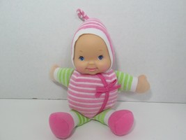 Goldberger soft plush baby doll rattle pink green terrycloth striped hat bonnet - $6.92