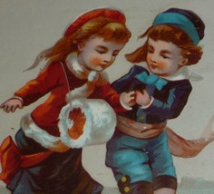1800&#39;s Antique Victorian Christmas Card -  Cute Boy and Girl Ice Skating  - $6.00