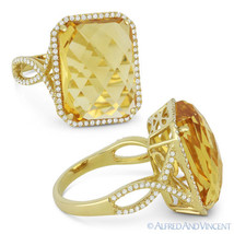 10.50 ct Checkerboard Cushion Citrine &amp; Diamond Cocktail Ring in 14k Yellow Gold - £888.34 GBP