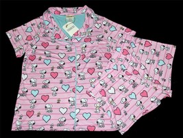 2-Pc Munki Munki Peanuts Snoopy &amp; Woodstock Pink Hearts S/S Soft Pajamas Wm&#39;s Xl - £34.36 GBP
