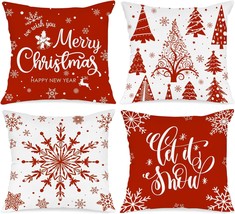 Lanpn Christmas Throw Pillow Covers 18X18 Set Of 4, Merry Christmas Winter, Red - £27.17 GBP