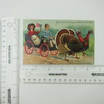 Thanksgiving Postcard Wild Turkeys Carriage Boy &amp; Girl American Flag Ant... - £7.85 GBP