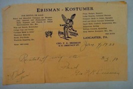 1933 vintage ERISMAN-KOSTUMER RECEIPT AD lancaster pa - £33.55 GBP