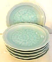 Asian Style Celadon Green Plates * Set of 6 *  7.25&quot; Diam Embossed Lotus Flowers - £25.03 GBP
