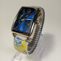 Isaac Mizrahi Live Square Yellow Floral Printed Band Watch Blue Face NEW... - $22.55