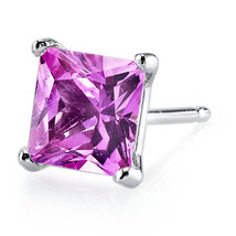 14k White Gold Princess Cut Created Pink Sapphire Gemstone Stud Earrings - £82.74 GBP