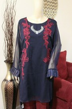 Navy Blue Pakistani Chiffon Kurta Embroidery, Thread work,XL - $49.50