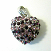 Pink &amp; Violet Rhinestone Puffy Heart Pendant Silver Tone Metal 1&quot; - $10.00