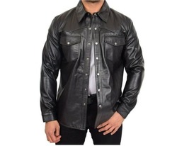 Mens Classic Trucker Style Long Sleeves Leather Shirt Black Leather Shirt Lambsk - £108.73 GBP