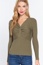 French Olive Green Long Sleeve V Neck Front Knotted Sweater Top_ - £11.28 GBP