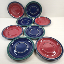 8 Pc Denby Langley Harlequin Red Blue Green Saucers Set Vintage Dish England Lot - £51.73 GBP